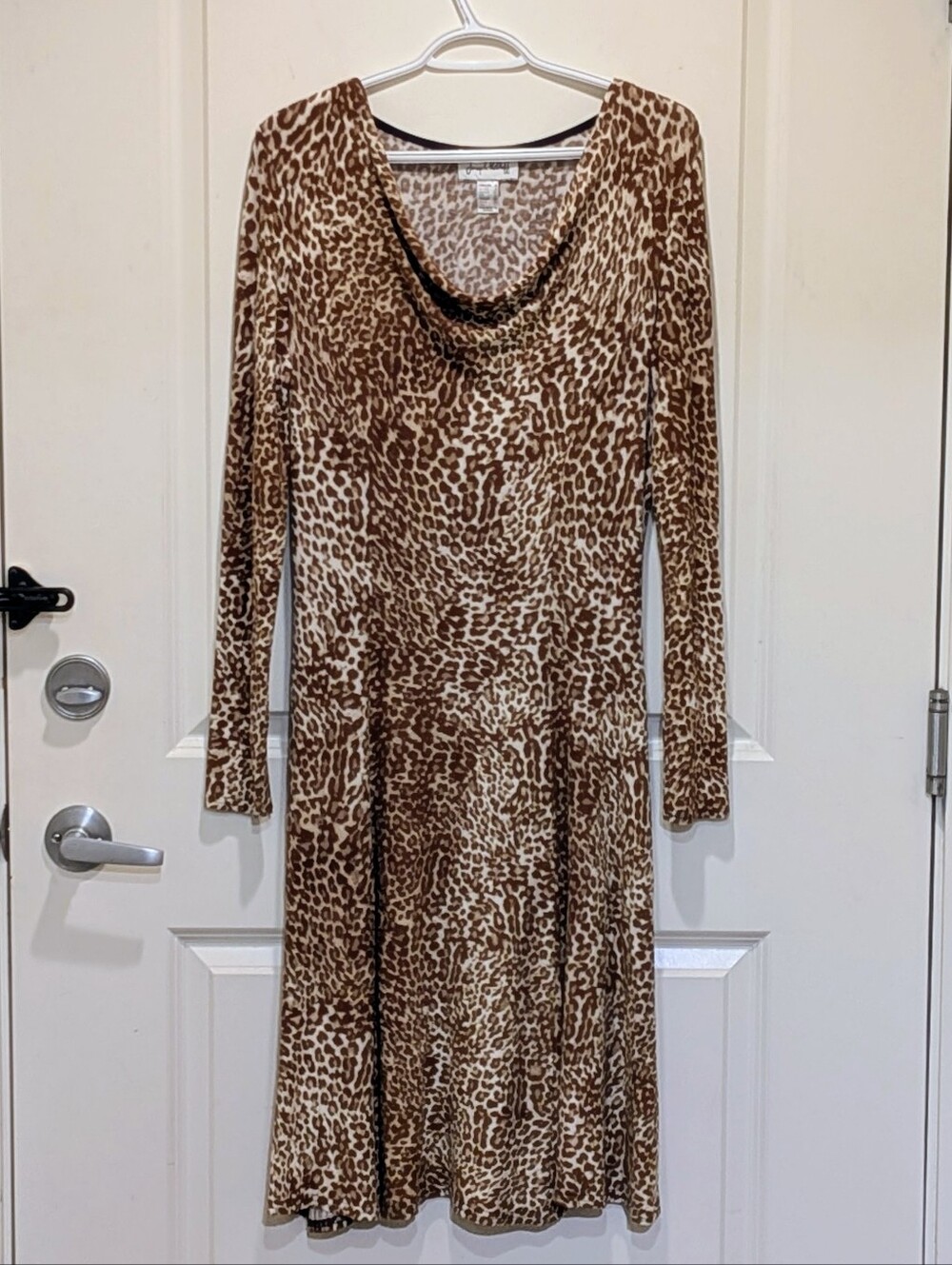 EUC Joseph Ribkoff 6 Leopard Print Silky Knit Stretch Jersey Draped Day Dress